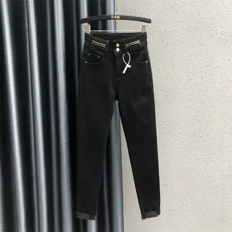 秋冬新款百搭黑色加绒铅笔裤女2023新款时尚链条装饰紧身牛仔裤潮商品大图