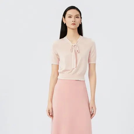 【真丝】LANCY/朗姿夏季v领套头飘带优雅针织柜女装外穿图片