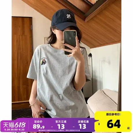 yoe短袖t恤女灰色上衣小狗刺绣夏季新款宽松女装纯棉圆领休闲简约商品大图