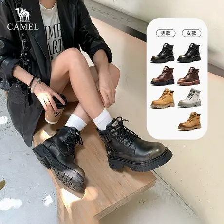 骆驼马丁靴2025春季新款中高帮男女情侣机车复古增高工装真皮男鞋商品大图