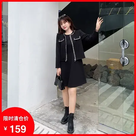 2023年秋季气质外套宽松连衣裙时尚黑色显瘦大码胖MM两件套装商品大图