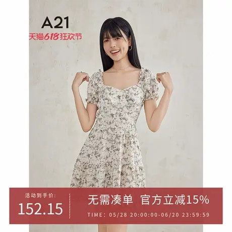 A21女装泡泡短袖连衣裙夏季休闲设计感气质碎花裙女图片