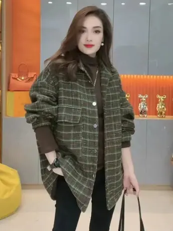 加厚毛呢格子衬衫外套女秋冬复古中长款长袖新款2023年复古港味图片