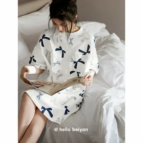 贝妍纯棉睡裙女夏甜美蝴蝶结圆领短袖睡衣少女休闲大码短款连衣裙商品大图