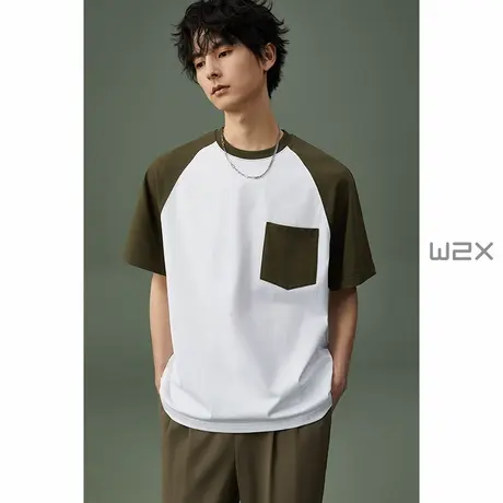 w2x2023新款夏季时尚重磅拼接短袖T恤男设计感百搭休闲半袖体恤潮商品大图