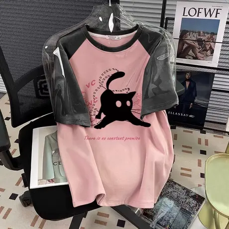 美式复古t恤半袖女2023年新款插肩短袖夏大码宽松ins潮甜辣风上衣商品大图