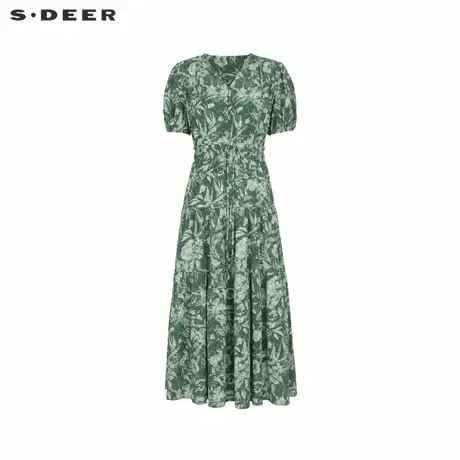 【直播间专属】sdeer圣迪奥清新V领收腰印花短袖连衣裙S242Z12V1商品大图