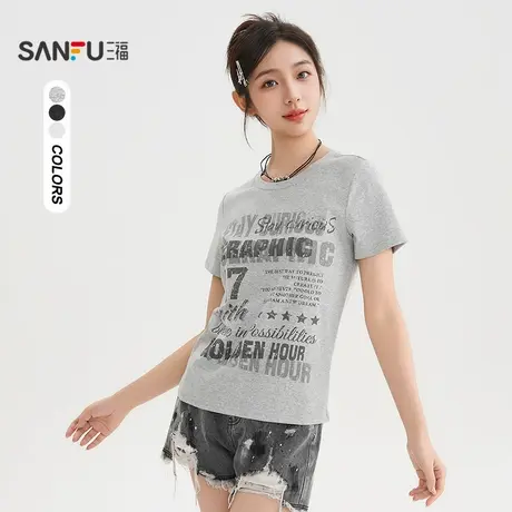 三福短T恤2025夏季复古美式印花圆领休闲时尚上衣女装505953商品大图