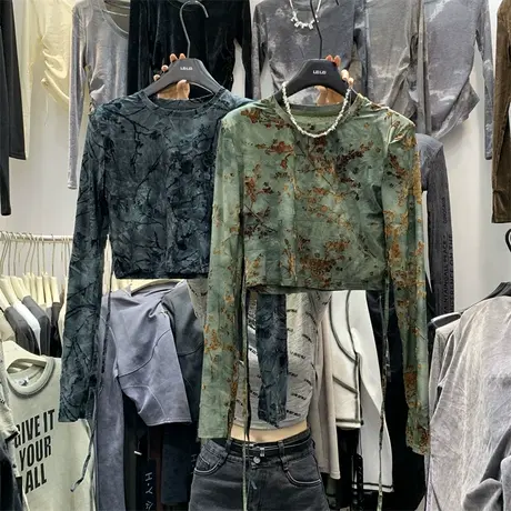 美式复古风金丝植绒系带收腰垫肩T恤女2023秋韩版时髦百搭显瘦t潮图片