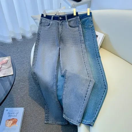 拉夏贝尔窄版阔腿牛仔裤女2025秋季新款高腰宽松经典款休闲直筒裤商品大图