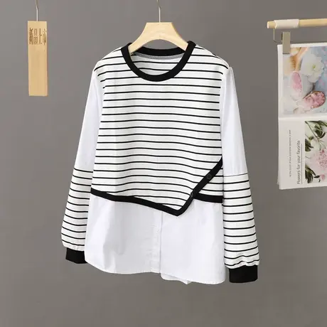 2023年新款秋季圆领条纹上衣女士长袖宽松大码中长款外穿T恤女式图片