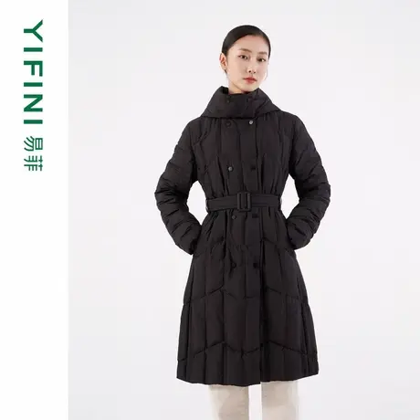 [专柜同款]Yifini/易菲白鹅绒保暖黑色显瘦系带收腰长款羽绒服女商品大图