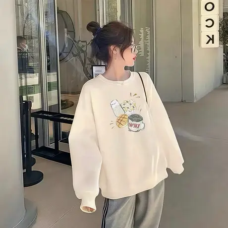 欧货杏色圆领卫衣女宽松薄款2025秋冬新款爆款洋气加绒百搭上衣服商品大图