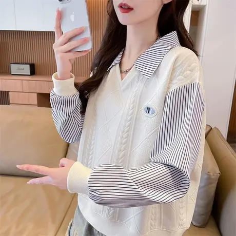 早秋polo领卫衣女2025新款春秋韩版宽松薄款衬衫领假两件上衣外套商品大图