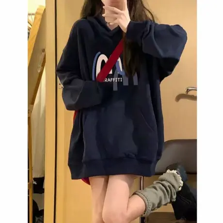 藏蓝色连帽卫衣女早秋2025新款爆款薄外套秋冬加绒加厚慵懒上衣装商品大图