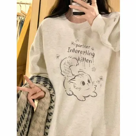 灰色卫衣女2025新款早秋季圆领小个子外套设计感猫咪潮牌连帽衣服商品大图