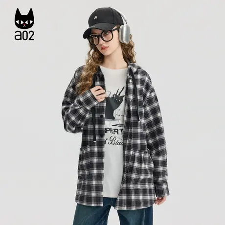 a02宽松黑白格子衬衣女2025新款秋季连帽衬衣外套通勤穿搭秋装商品大图