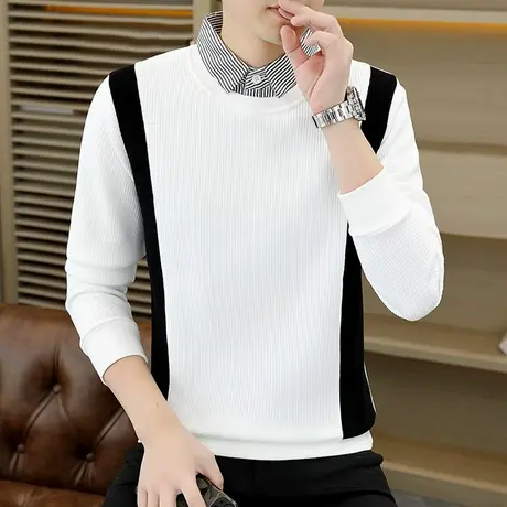 卫衣男款秋冬季假两件潮牌拼接黑白撞色衬衫领休闲设计感长袖t恤商品大图