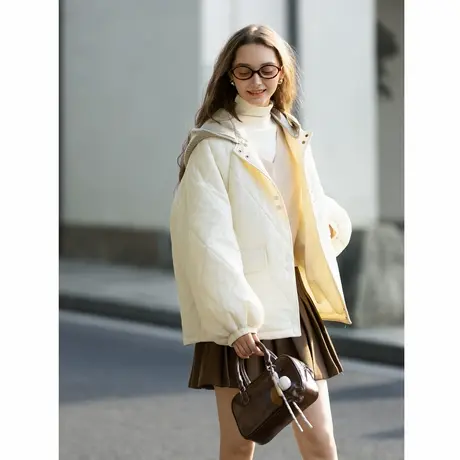 唐狮秋冬季女短款棉衣简约风连帽针织拼接菱格设计时尚百搭潮TM图片