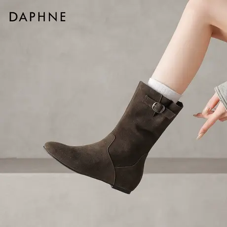 达芙妮平底短靴女棕色靴子中筒靴2026新款绒面瘦瘦靴内增高马丁靴商品大图