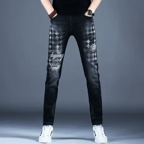男士高端激光印花牛仔裤男款秋季修身小脚潮牌潮流裤子男高档时尚商品大图