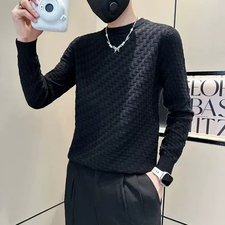 潮牌毛衣男秋冬季纯色休闲打底衫线衣潮流韩版简约提花套头针织衫商品大图