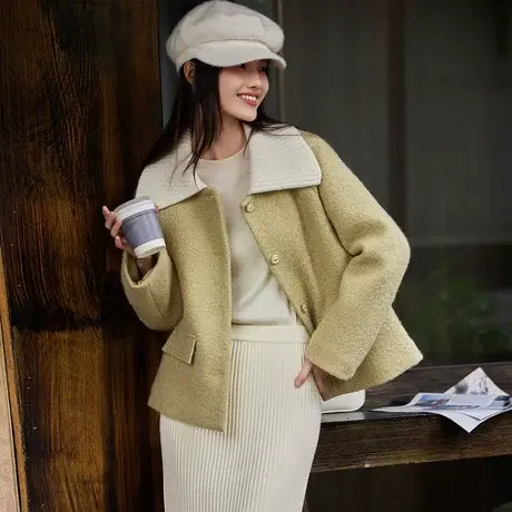 时尚气质翻领双面呢大衣女士2023年冬季新款百搭减龄休闲加厚外套商品大图