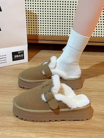 毛毛拖鞋女外穿勃肯鞋2023新款冬季加绒雪地靴厚底包头保暖半拖鞋商品大图