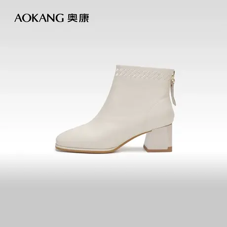 【门店发货】奥康女鞋秋冬季新款舒适真皮时装靴女士短靴粗高跟商品大图