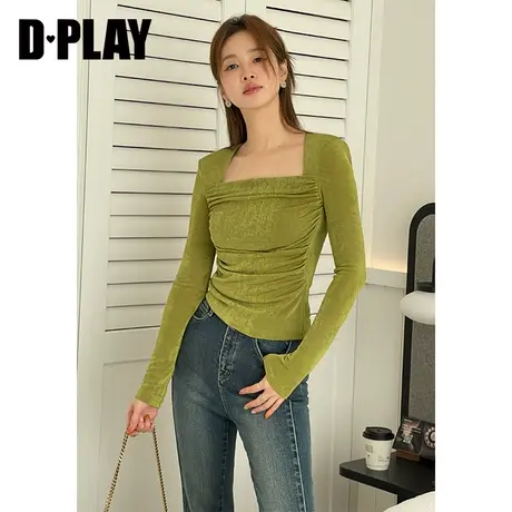 DPLAY2023冬法式气质绿色宫廷领美背直角肩弹力亲肤捏褶上衣商品大图
