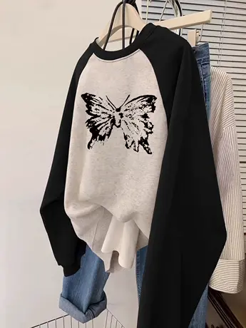 圆领卫衣女秋冬加绒胖mm大码显瘦插肩袖上衣ins潮牌美式卡通外套图片