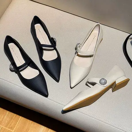 法式低跟黑色职业高跟鞋女2023新款春季气质尖头浅口软皮平底单鞋图片