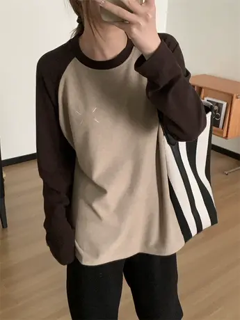 储热保暖德绒插肩袖T恤女秋冬宽松保暖内搭设计感刺绣长袖打底衫商品大图