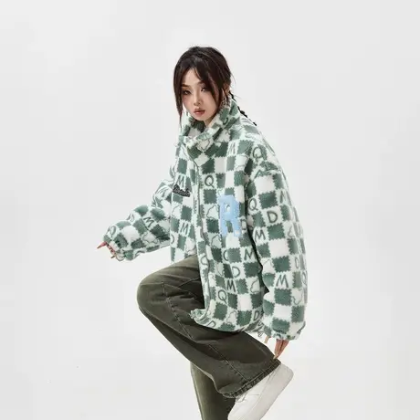 潮牌毛巾绣棋盘格棉服女冬季加厚羊羔毛外套2023新款复古宽松棉衣商品大图