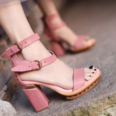 Artmu阿木原创断码复古牛皮粗跟露趾凉鞋女气质防水台高跟鞋潮商品大图