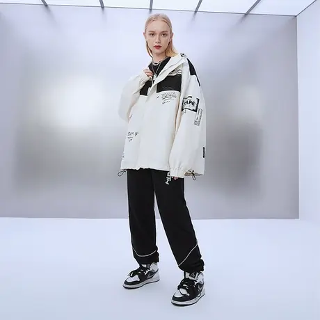 YEP工装外套女春秋拉链连帽运动潮牌防风白色拼接冲锋衣夹克炸街商品大图