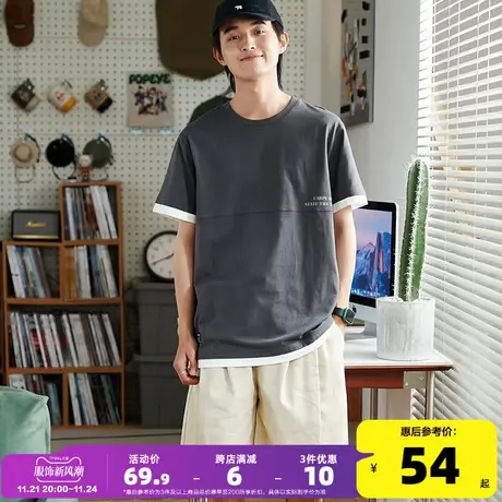 唐狮2023年夏季新款假两件纯棉短袖t恤男士潮流圆领宽松半袖打底商品大图