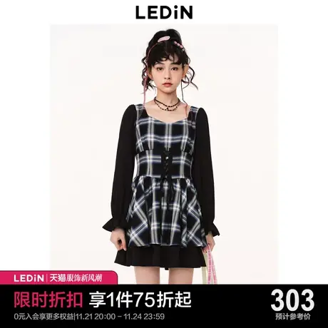 乐町甜辣绑带连衣裙2023春新款收腰格子裙C1FAD1401图片