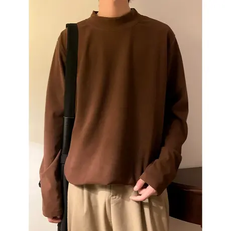德绒半高领打底衫男春秋季潮流长袖T恤宽松休闲内搭纯色潮牌上衣商品大图