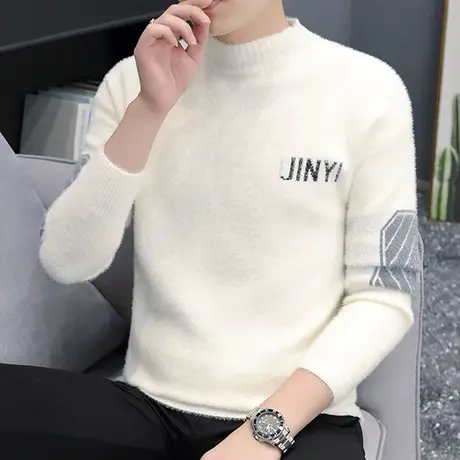 秋冬季毛衣男半高领潮打底衫提花字母保暖衣服2022中学生针织衫商品大图