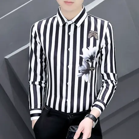 男士个性长袖衬衫发型师帅气ins潮牌条纹衬衣春秋季气质免烫上衣商品大图