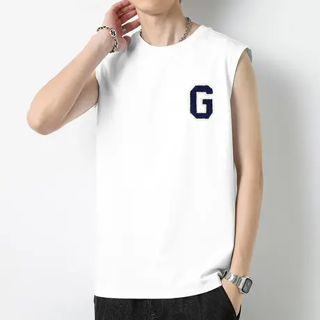 重磅纯棉背心男健身宽松跨栏运动坎肩夏季液氨长绒棉白色无袖t恤商品大图