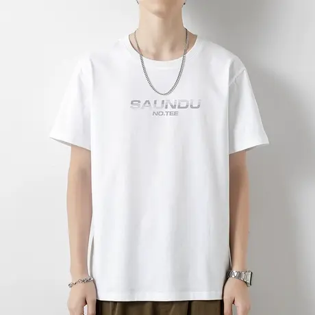 夏季男士短袖t恤纯棉白色上衣服宽松潮流全棉半袖青少年印花体恤商品大图