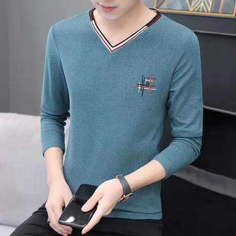 男士长袖T恤2023秋冬季韩版青年V领双面绒打底衫修身体恤男上衣服商品大图
