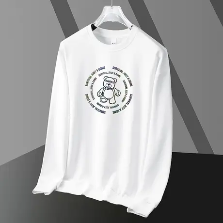 2023新款小熊卫衣男潮ins秋冬款加绒加厚白色长袖t恤圆领无帽上衣商品大图