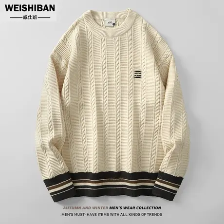 美式复古学院风针织毛衣2023冬季新款情侣绞花套头保暖打底线衣男商品大图