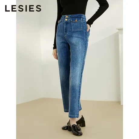 蓝色倾情春秋新款女装高腰金属扣装饰显瘦双口袋阔腿牛仔裤图片