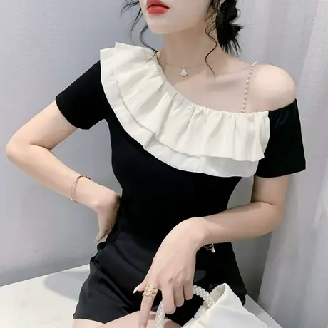 性感露肩短袖T恤女士夏装新款洋气一字领小衫时尚网红荷叶边上衣商品大图