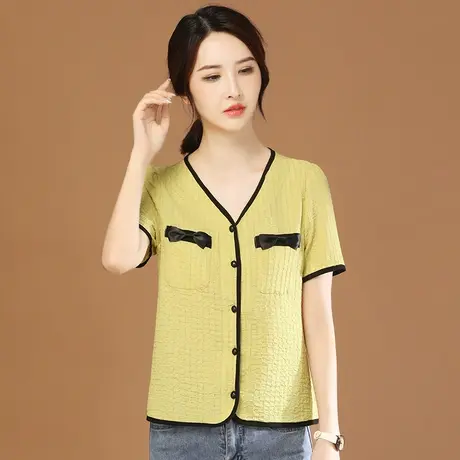 韩潮袭人V领格纹短袖雪纺衫女2023夏新款高级感衬衫设计感小众薄图片