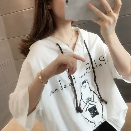 连帽创意白色t恤女2023夏季新款短袖宽松字母上衣减龄设计感体恤图片